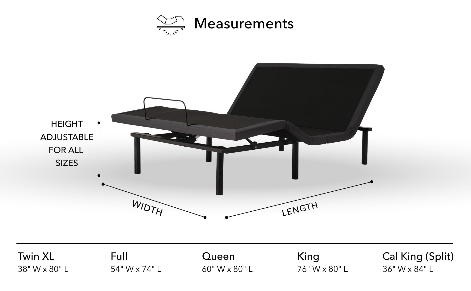 Adjustable bed frame with size measurements