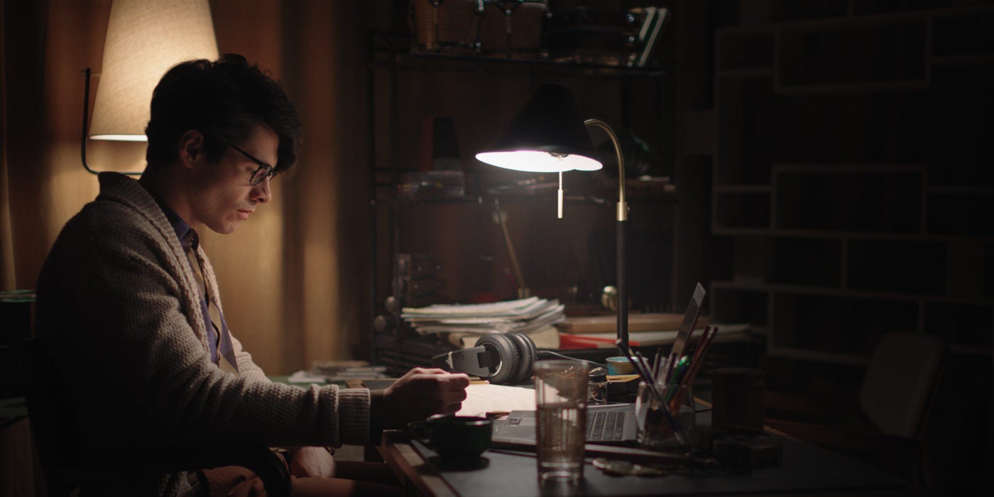 Cozy workspace with desk lamp lighting