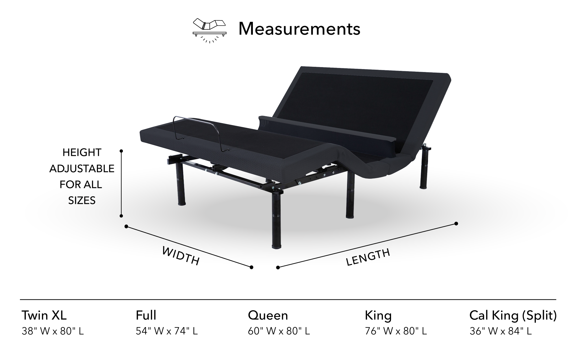 Adjustable bed frame with size measurements