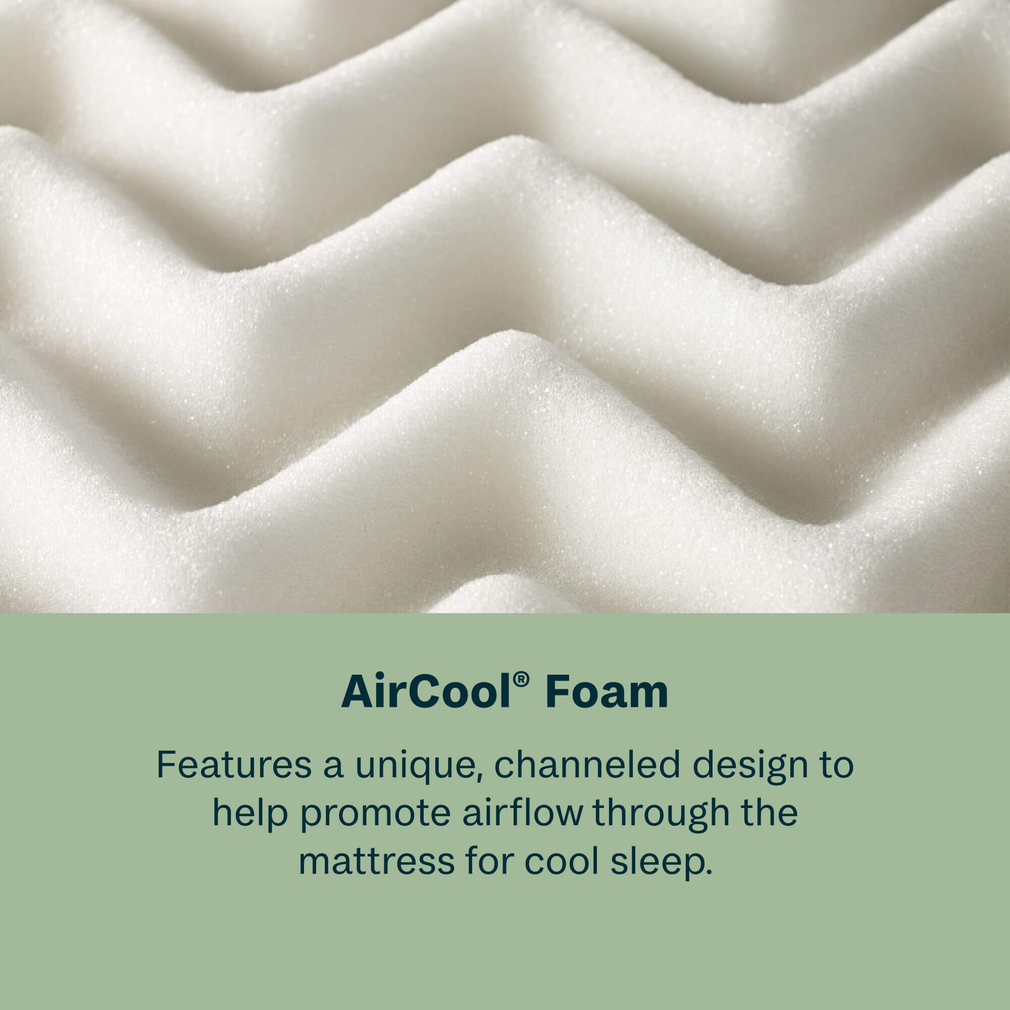 Close-up of AirCool foam with text explaining its design for cool sleep.