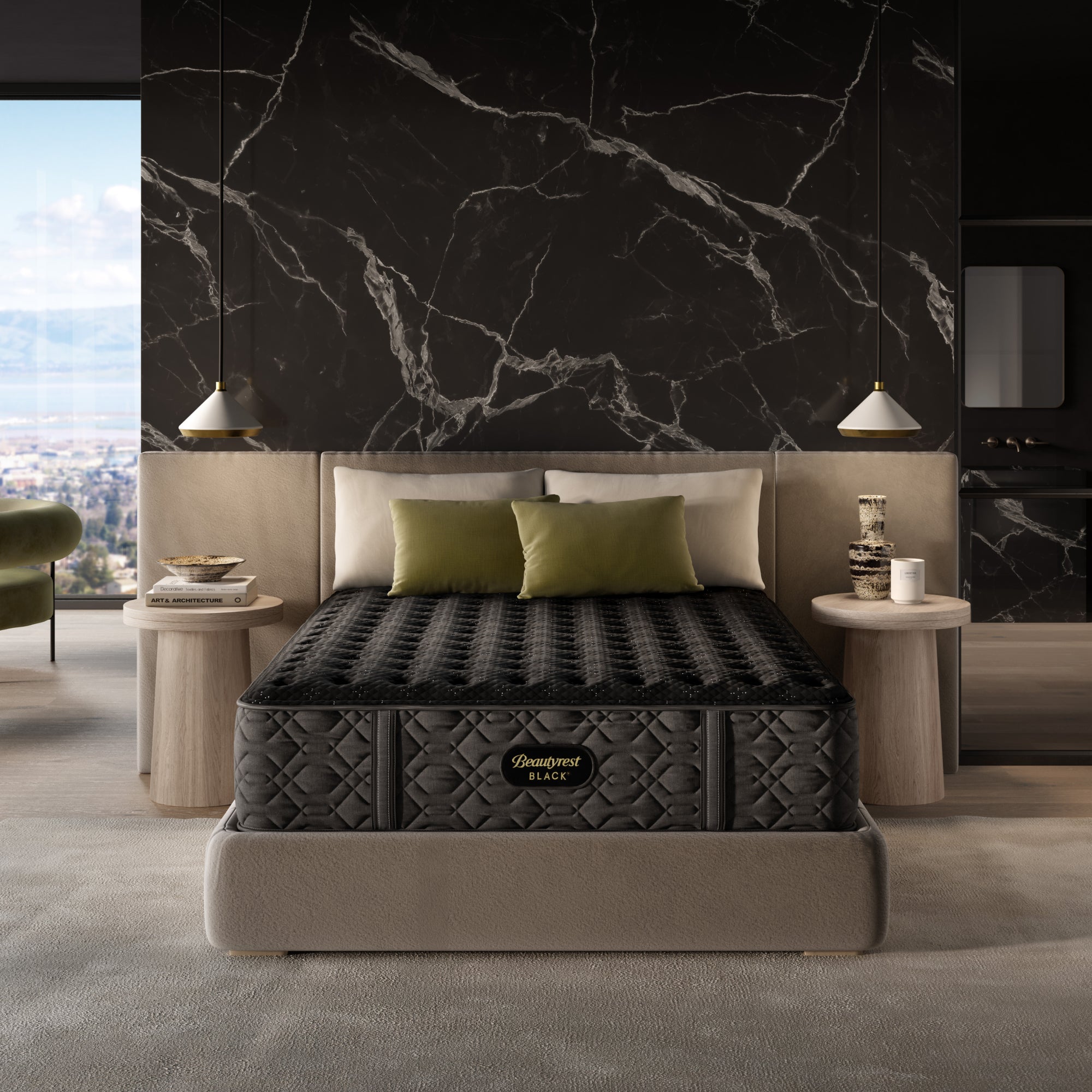 The Beautyrest Black firm mattress in a bedroom on a light brown bed frame || series: Series Three || feel: firm