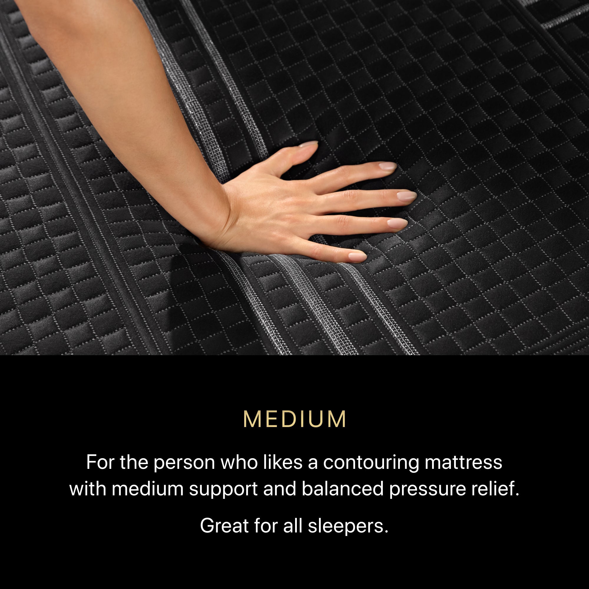 A hand pressing on a BeautyRest Medium Hybrid mattress || series: Series One || feel: Medium