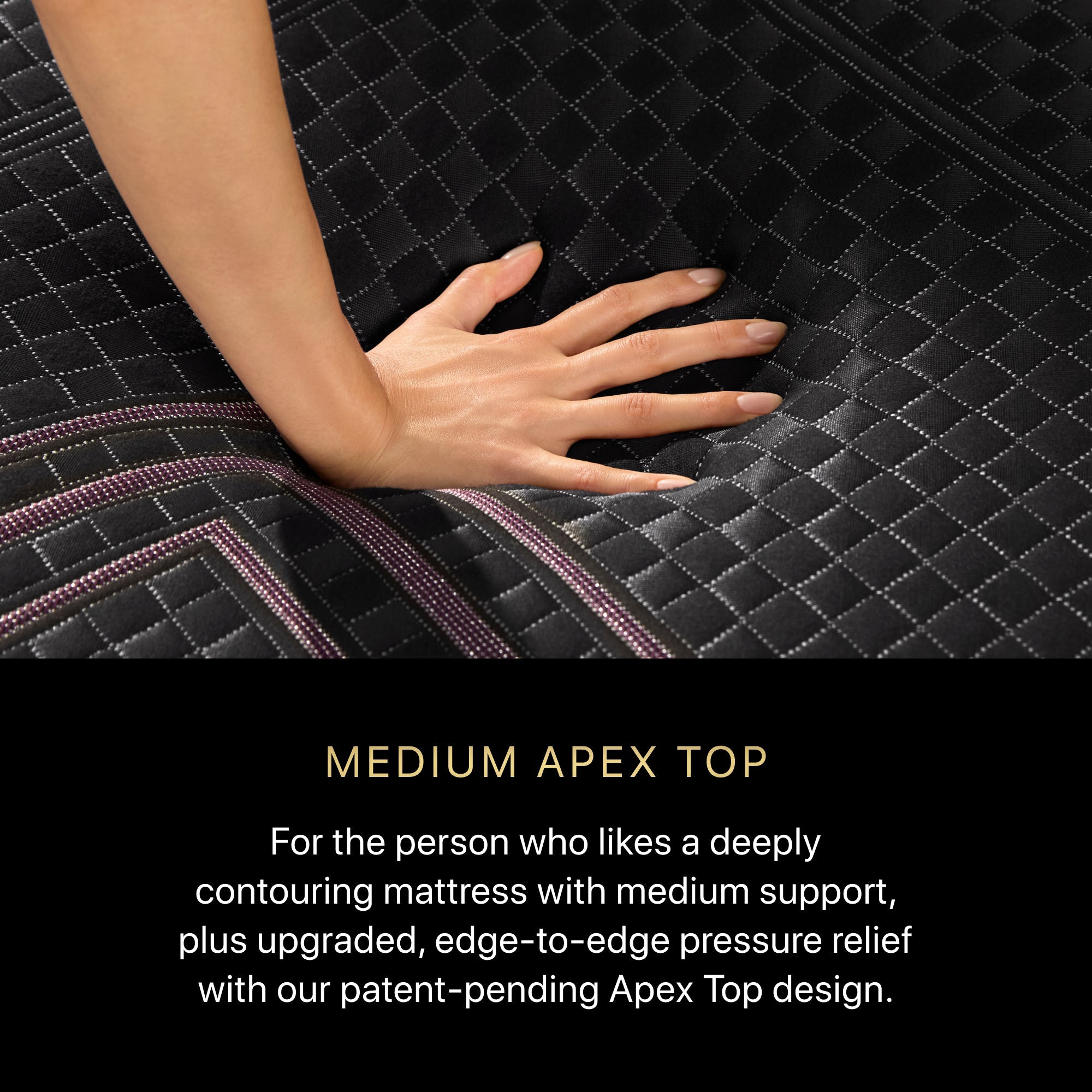 A hand pressing on a BeautyRest Medium Apex Top Hybrid mattress || series: Series Two || feel: Medium Apex Top