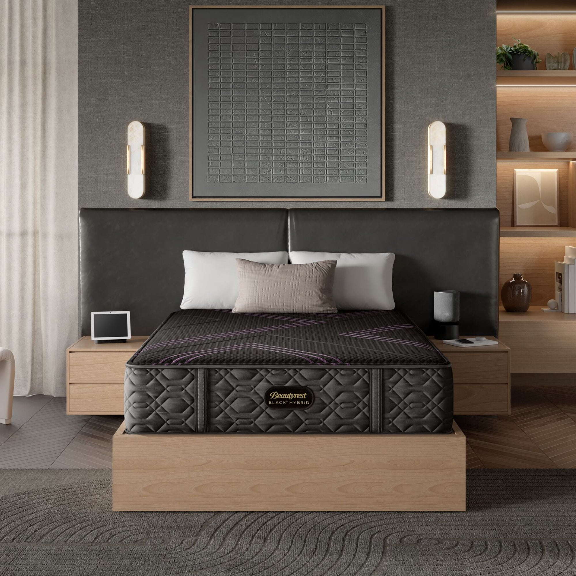 BeautyRest Plush Hybrid mattress sitting in a beige bed frame || series: Series Two || feel: Plush