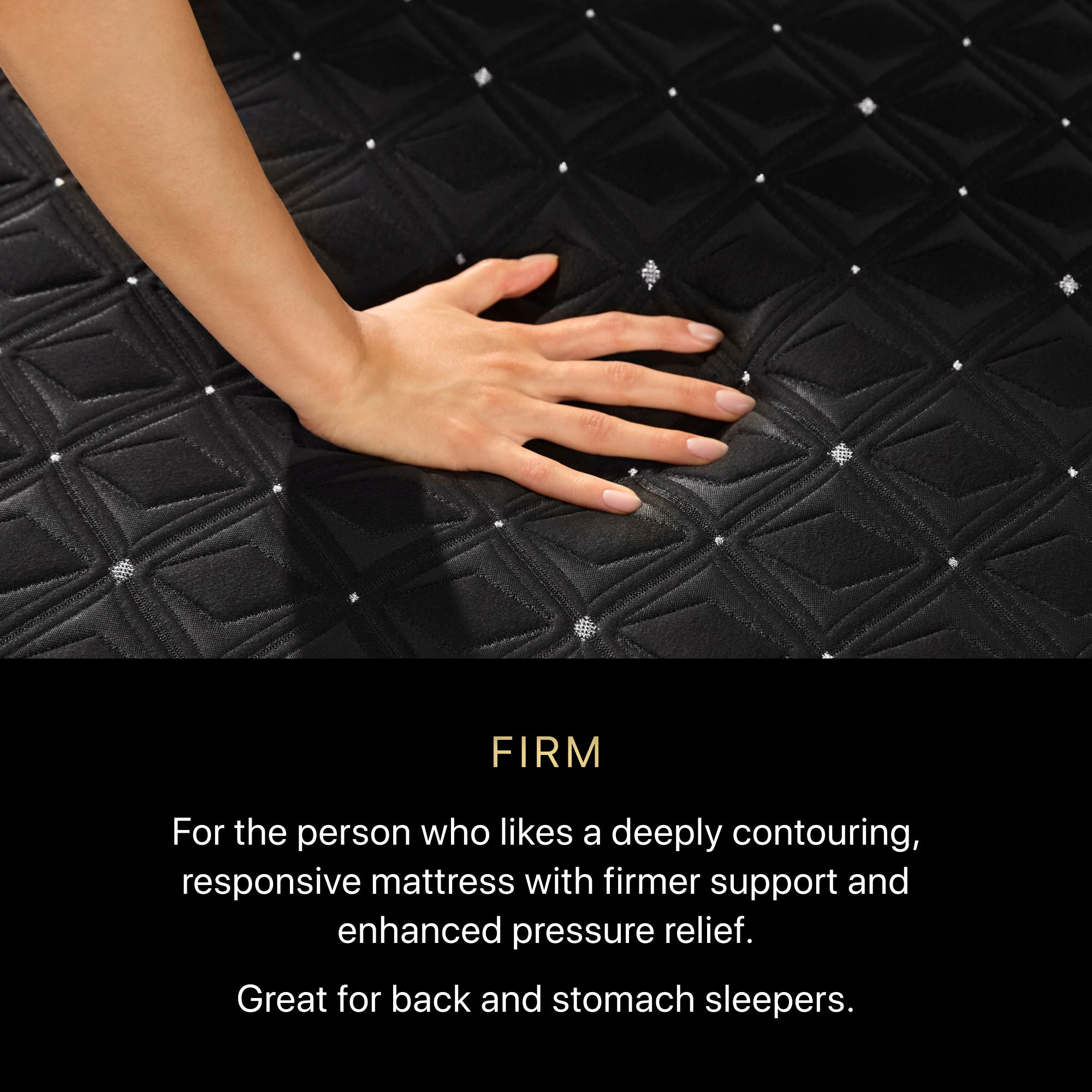 A hand pressing on a BeautyRest Firm Hybrid mattress || series: Series Three || feel: Firm