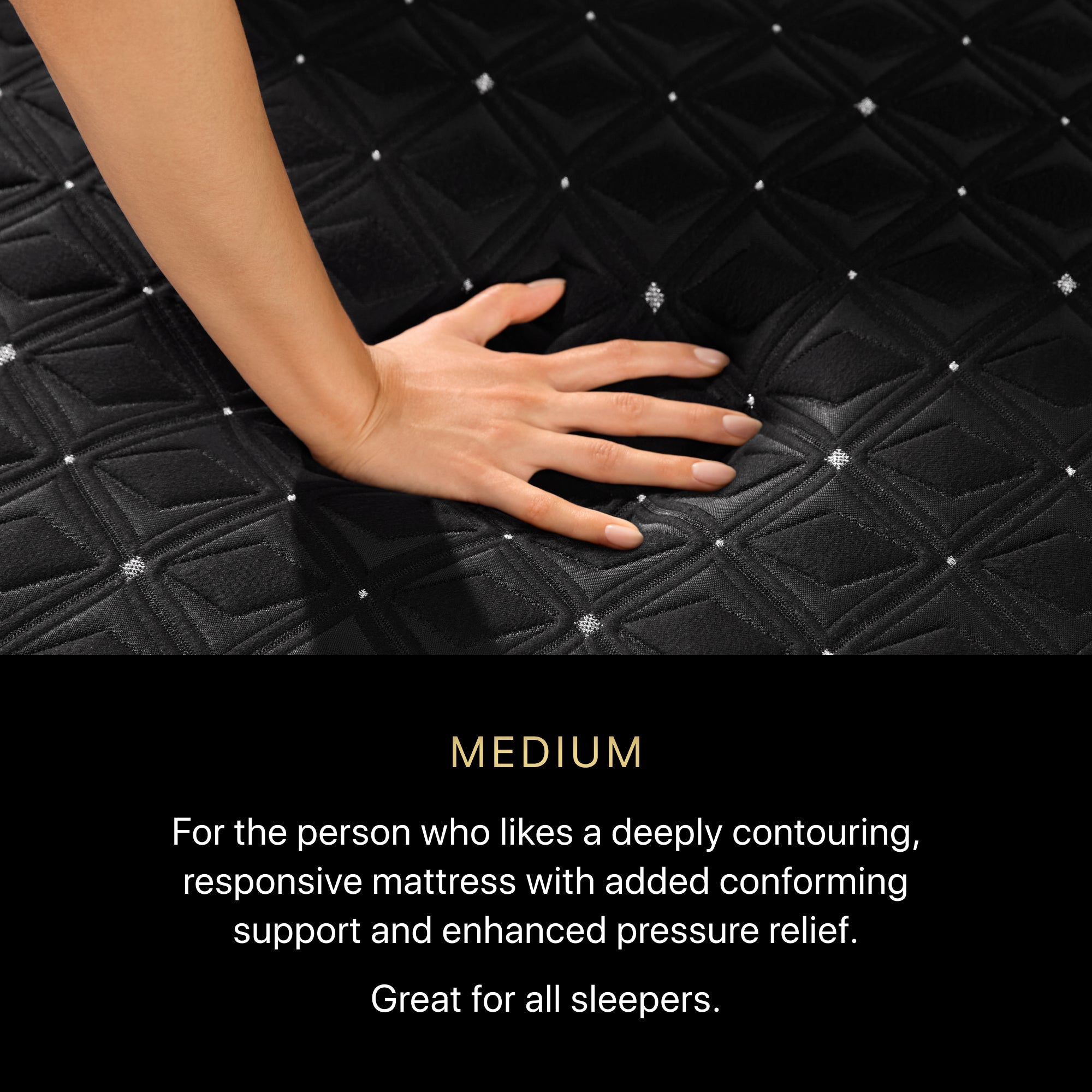 A hand pressing on a BeautyRest Medium Hybrid mattress || series: Series Three || feel: Medium