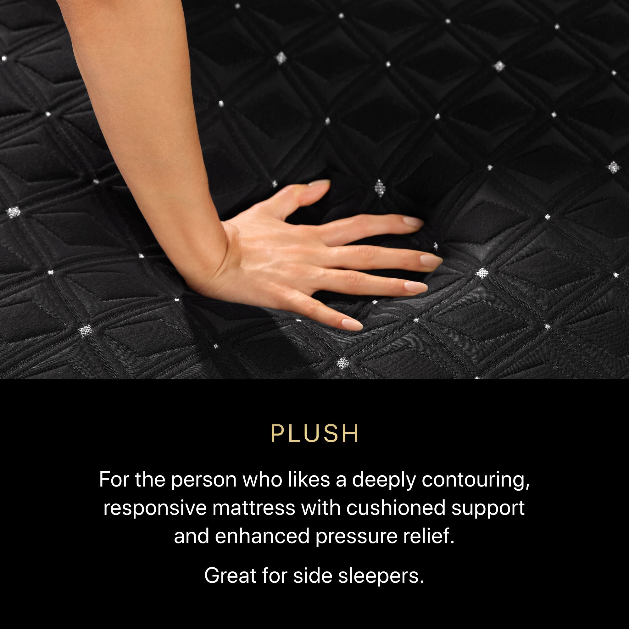 A hand pressing on a BeautyRest Plush Hybrid mattress || series: Series Three || feel: Plush