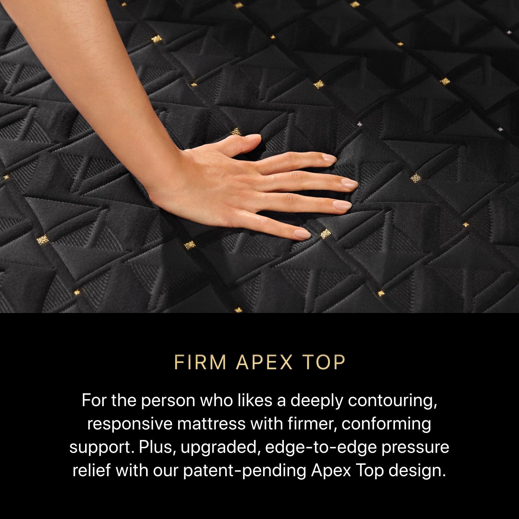 A hand pressing on a BeautyRest Firm Apex Top Hybrid mattress || series: Series Four || feel: Firm Apex Top