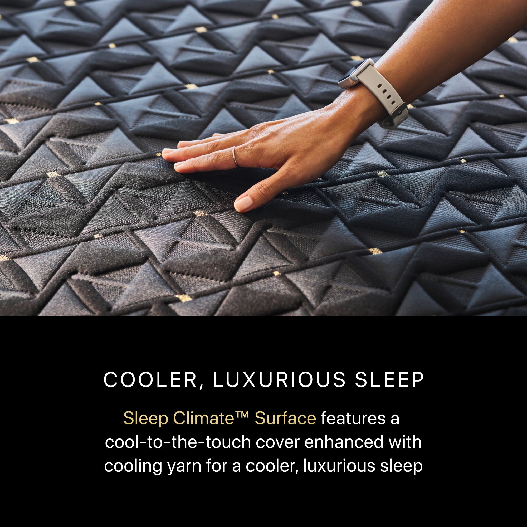A hand rubbing on a BeautyRest Firm Apex Top Hybrid mattress || series: Series Four || feel: Firm Apex Top