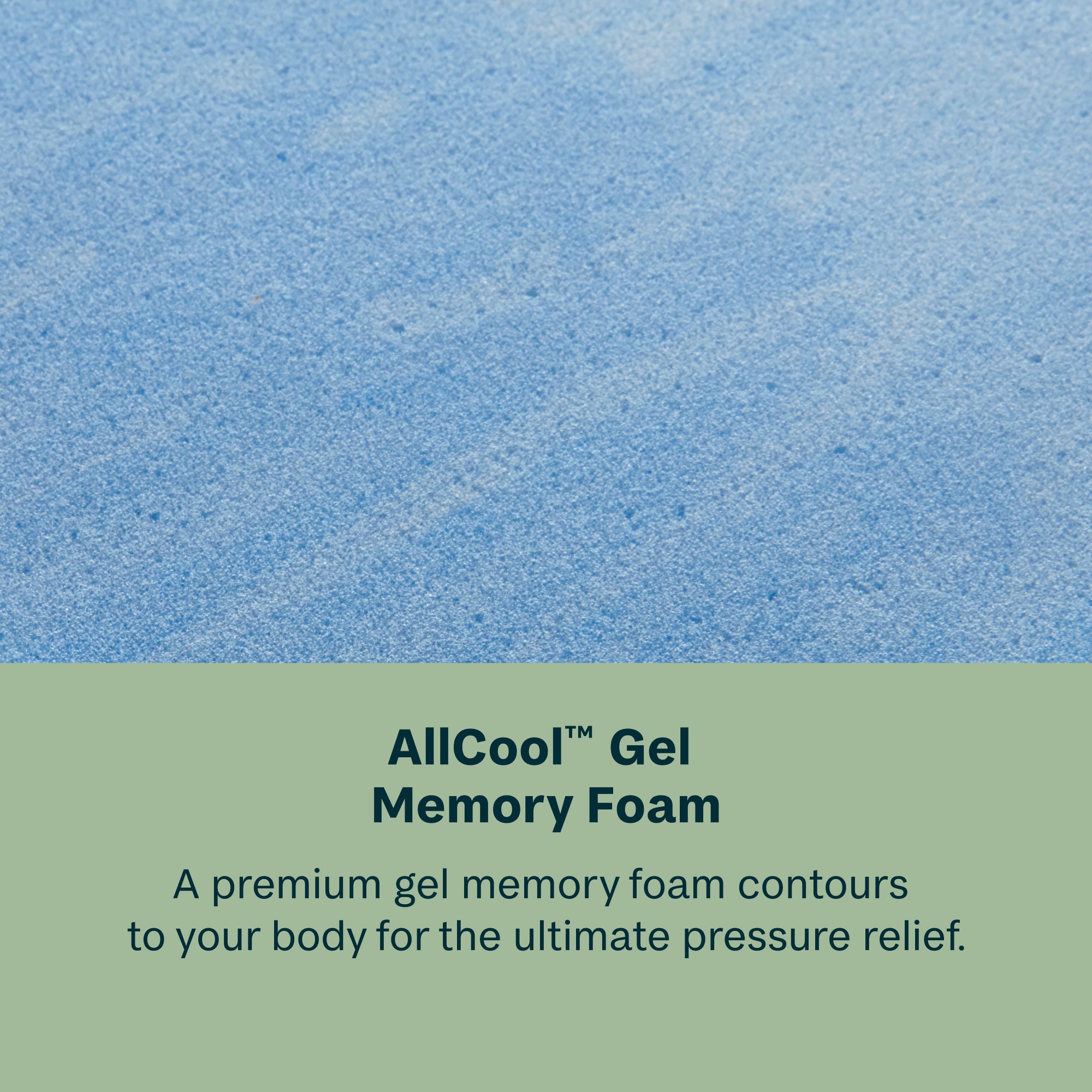 Blue gel memory foam with text about Beautysleep AllCool Gel Memory Foam on a green background
